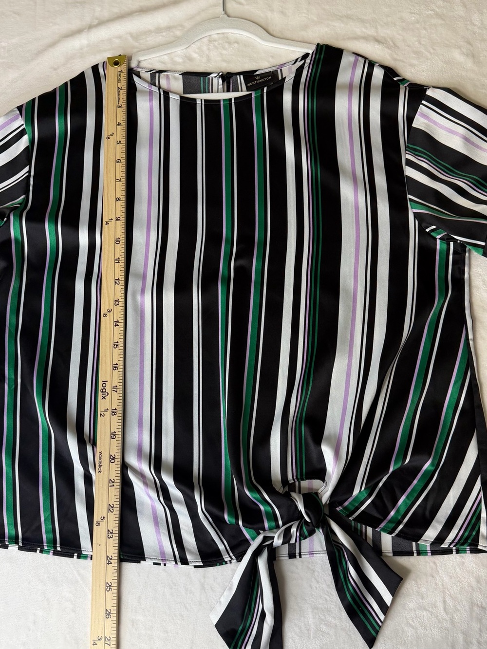 Striped Short-Sleeve Blouse in Black, White & Green,Tie Front Blouse,Large - Picture 5 of 9